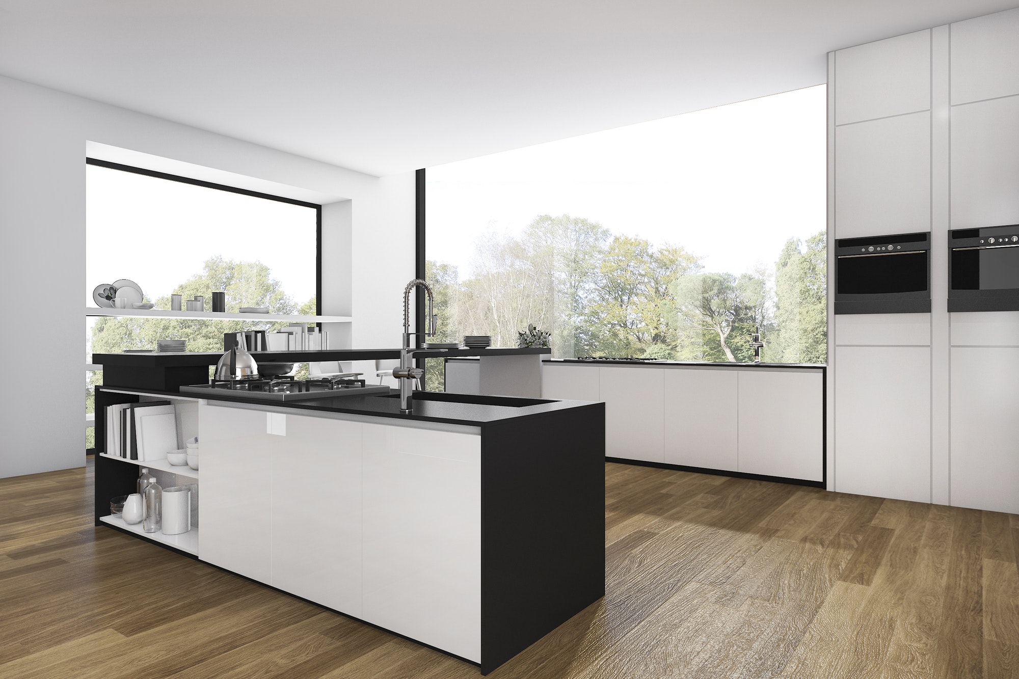 3d rendering wood floor kitchen and minimal dining room with view from window
