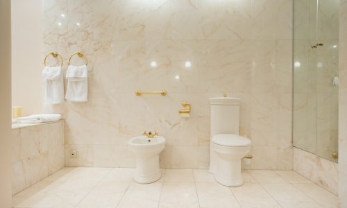 Toilet interior with marble tiles