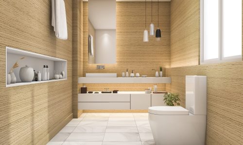 3d rendering spacious and beautiful toilet with white wood design